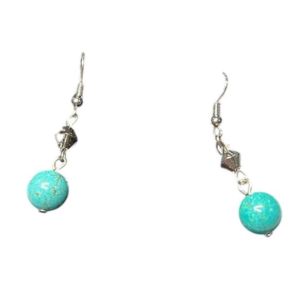 Faux Turquoise Bead Dangle Earrings Smoky Bicone Bead Silver Tone Shepherd Hook - Picture 2 of 2